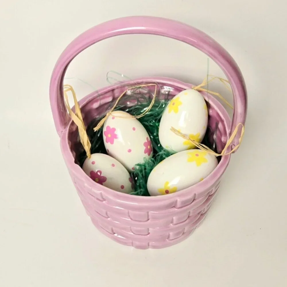 Charming Vintage Purple Basket w/ Decorative Hand painted Ceramic Eggs Ornaments